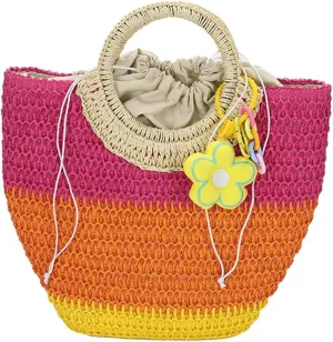 Womens Straw Handbags Casual Totes Rattan Woven Purse Summer Beach Shoulder Bag Colorful Satchel Vacation