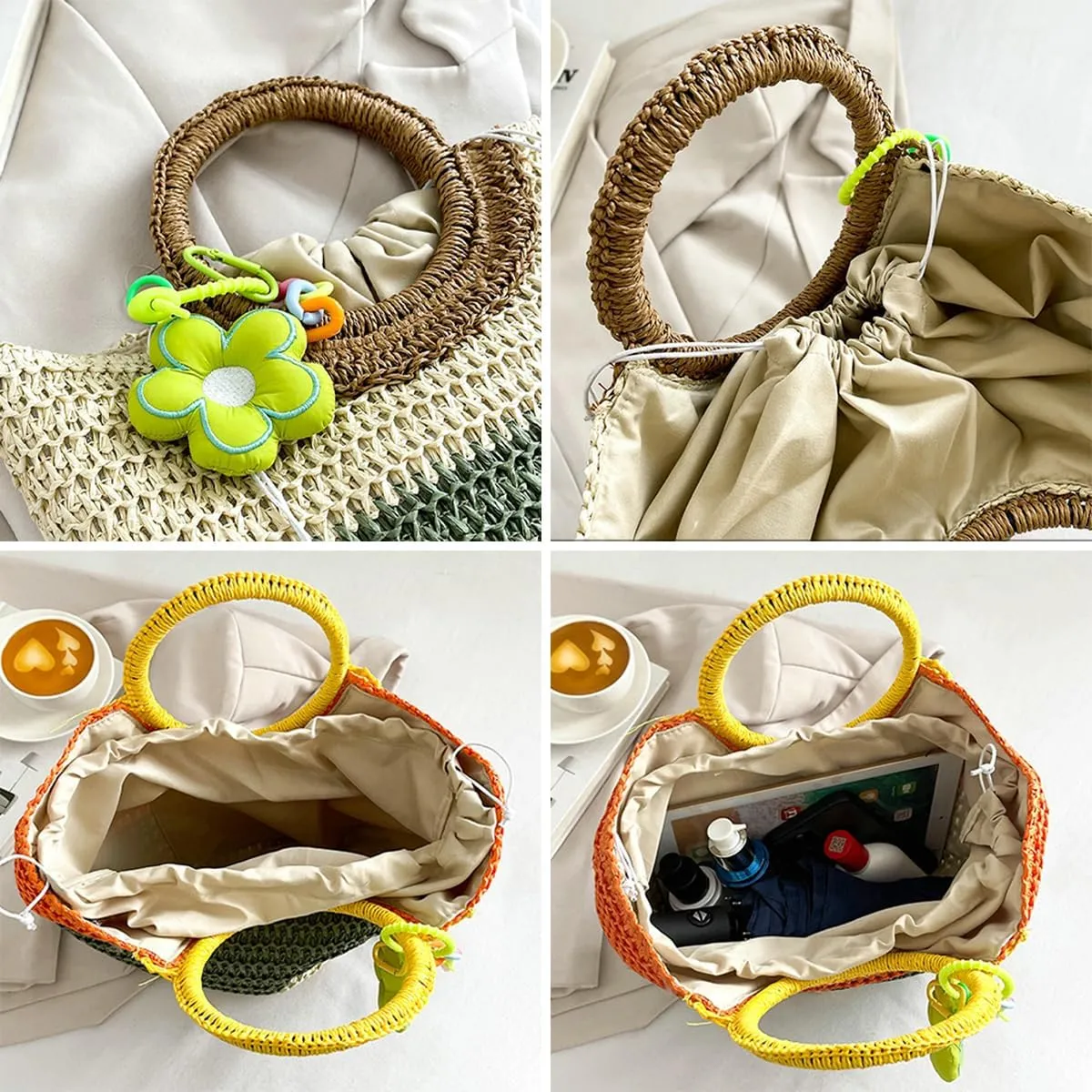 Womens Straw Handbags Casual Totes Rattan Woven Purse Summer Beach Shoulder Bag Colorful Satchel Vacation