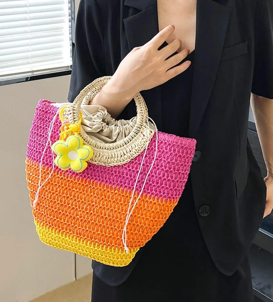 Womens Straw Handbags Casual Totes Rattan Woven Purse Summer Beach Shoulder Bag Colorful Satchel Vacation