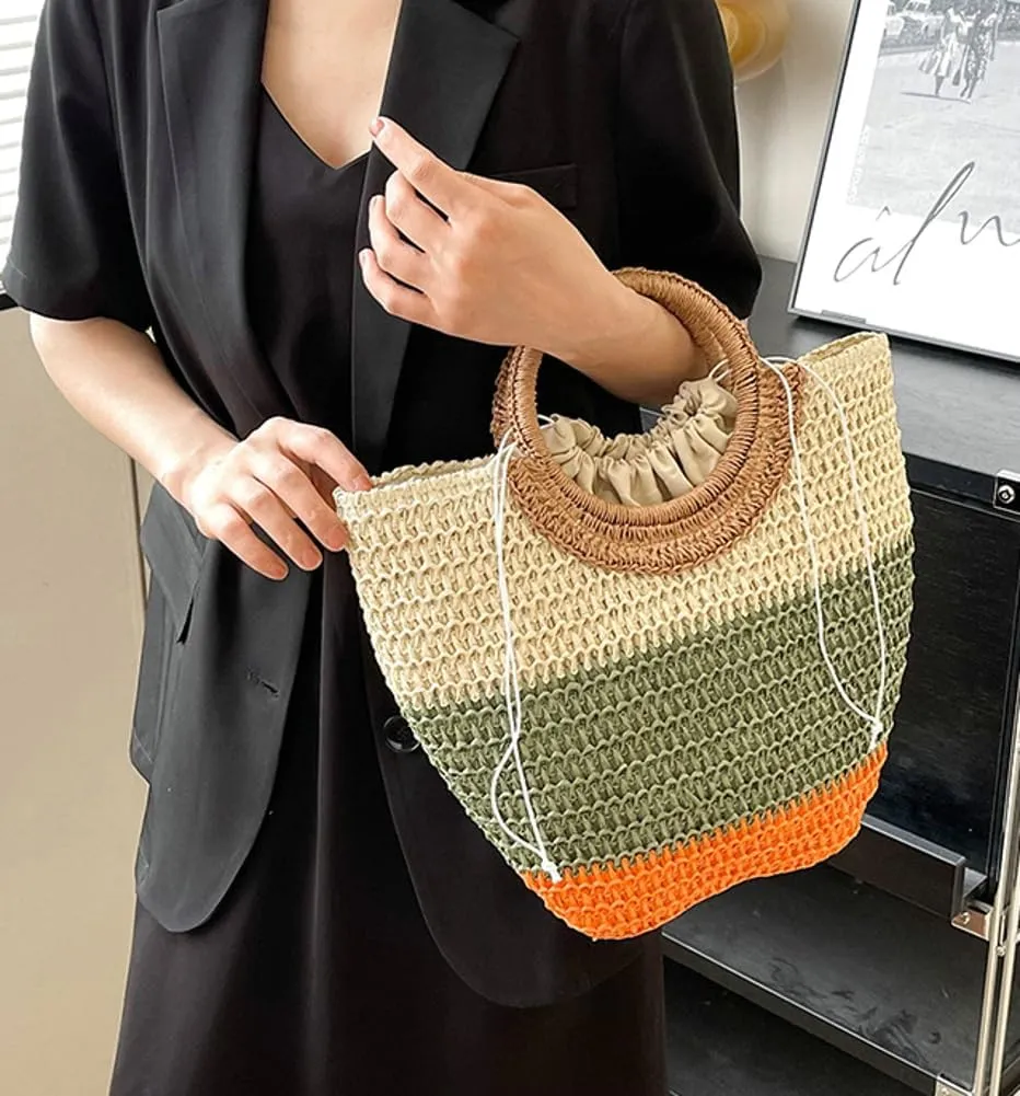 Womens Straw Handbags Casual Totes Rattan Woven Purse Summer Beach Shoulder Bag Colorful Satchel Vacation