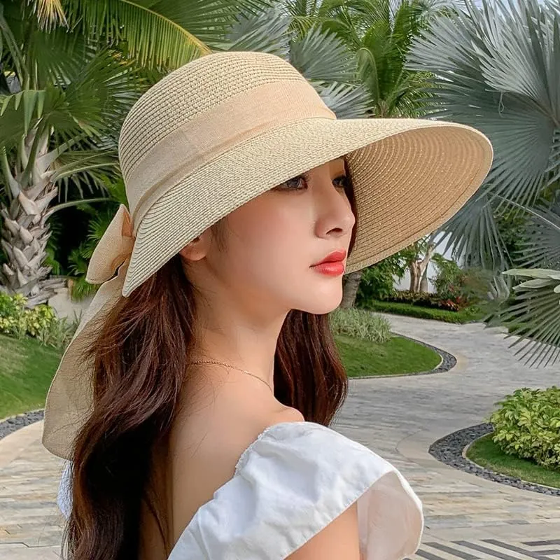 Womens Straw Sun Hat Wide Brim UV Protection Bucket Hat Foldable Packable Bowknot Visor Sun Cap Summer Outdoor Beach Cap
