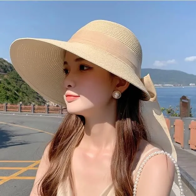 Womens Straw Sun Hat Wide Brim UV Protection Bucket Hat Foldable Packable Bowknot Visor Sun Cap Summer Outdoor Beach Cap