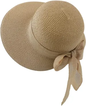 Womens Straw Sun Hat Wide Brim UV Protection Bucket Hat Foldable Packable Bowknot Visor Sun Cap Summer Outdoor Beach Cap