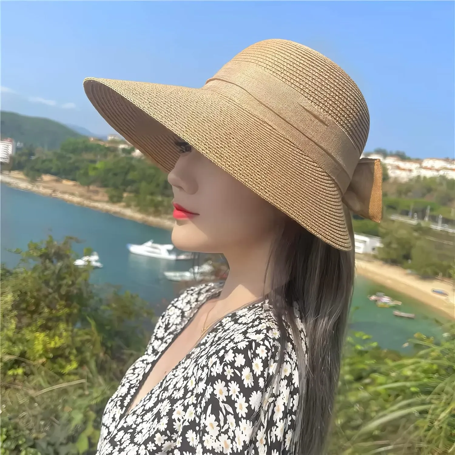 Womens Straw Sun Hat Wide Brim UV Protection Bucket Hat Foldable Packable Bowknot Visor Sun Cap Summer Outdoor Beach Cap