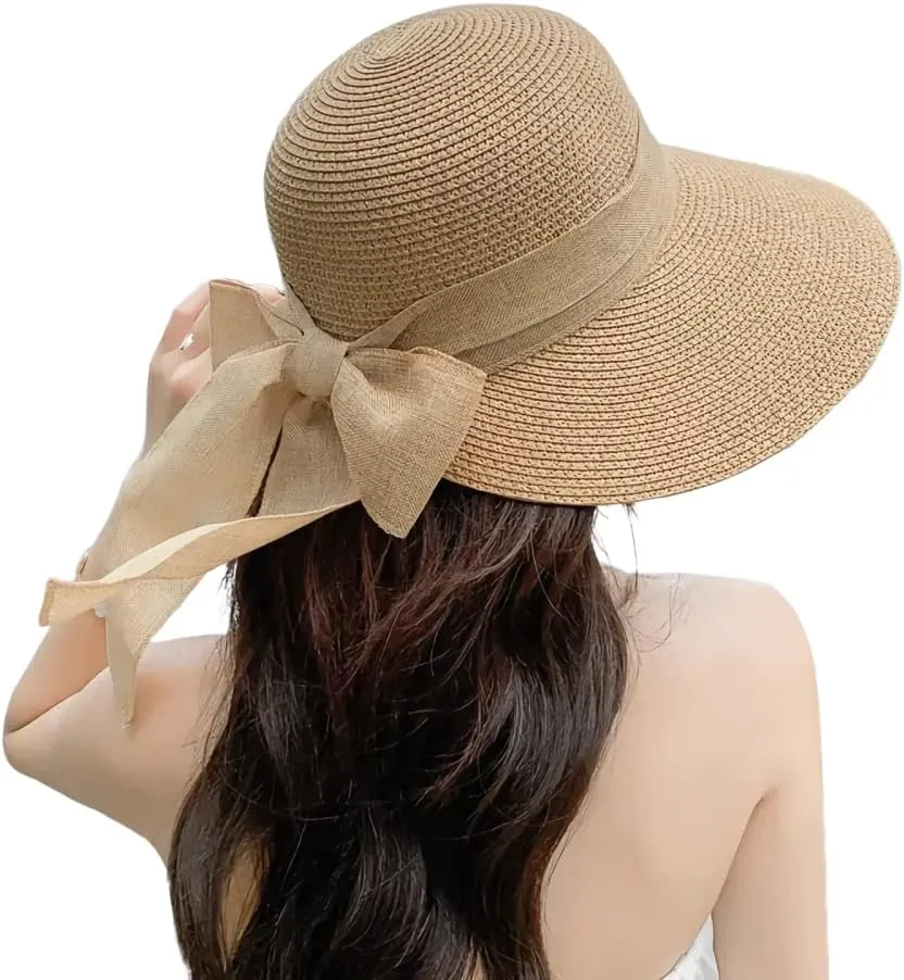 Womens Straw Sun Hat Wide Brim UV Protection Bucket Hat Foldable Packable Bowknot Visor Sun Cap Summer Outdoor Beach Cap
