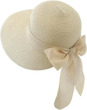 Womens Straw Sun Hat Wide Brim UV Protection Bucket Hat Foldable Packable Bowknot Visor Sun Cap Summer Outdoor Beach Cap