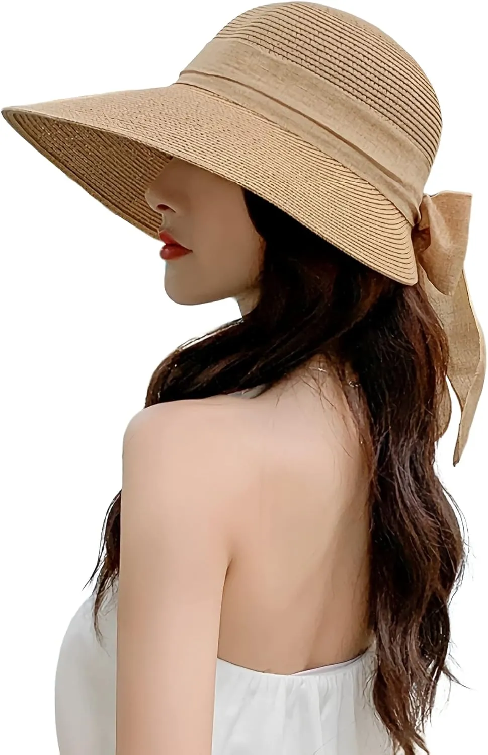 Womens Straw Sun Hat Wide Brim UV Protection Bucket Hat Foldable Packable Bowknot Visor Sun Cap Summer Outdoor Beach Cap