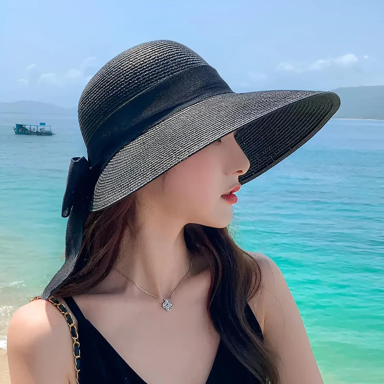 Womens Straw Sun Hat Wide Brim UV Protection Bucket Hat Foldable Packable Bowknot Visor Sun Cap Summer Outdoor Beach Cap