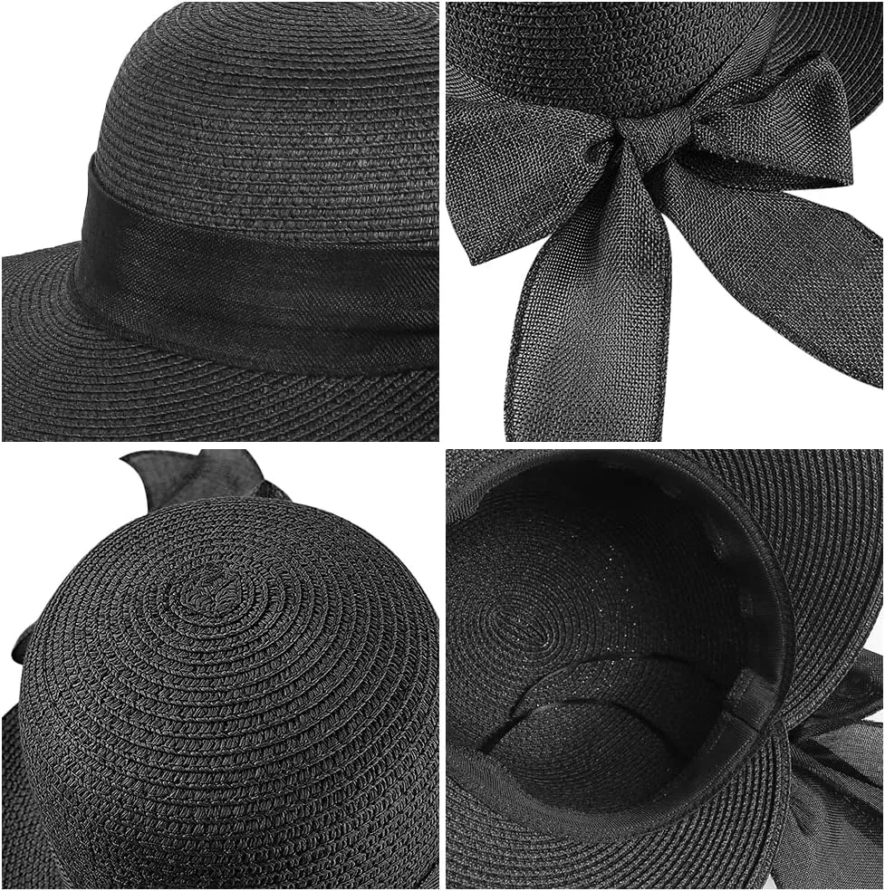 Womens Straw Sun Hat Wide Brim UV Protection Bucket Hat Foldable Packable Bowknot Visor Sun Cap Summer Outdoor Beach Cap
