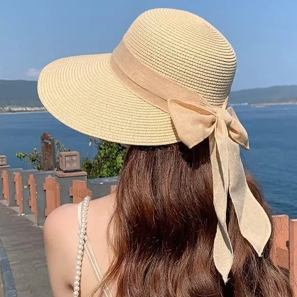 Womens Straw Sun Hat Wide Brim UV Protection Bucket Hat Foldable Packable Bowknot Visor Sun Cap Summer Outdoor Beach Cap