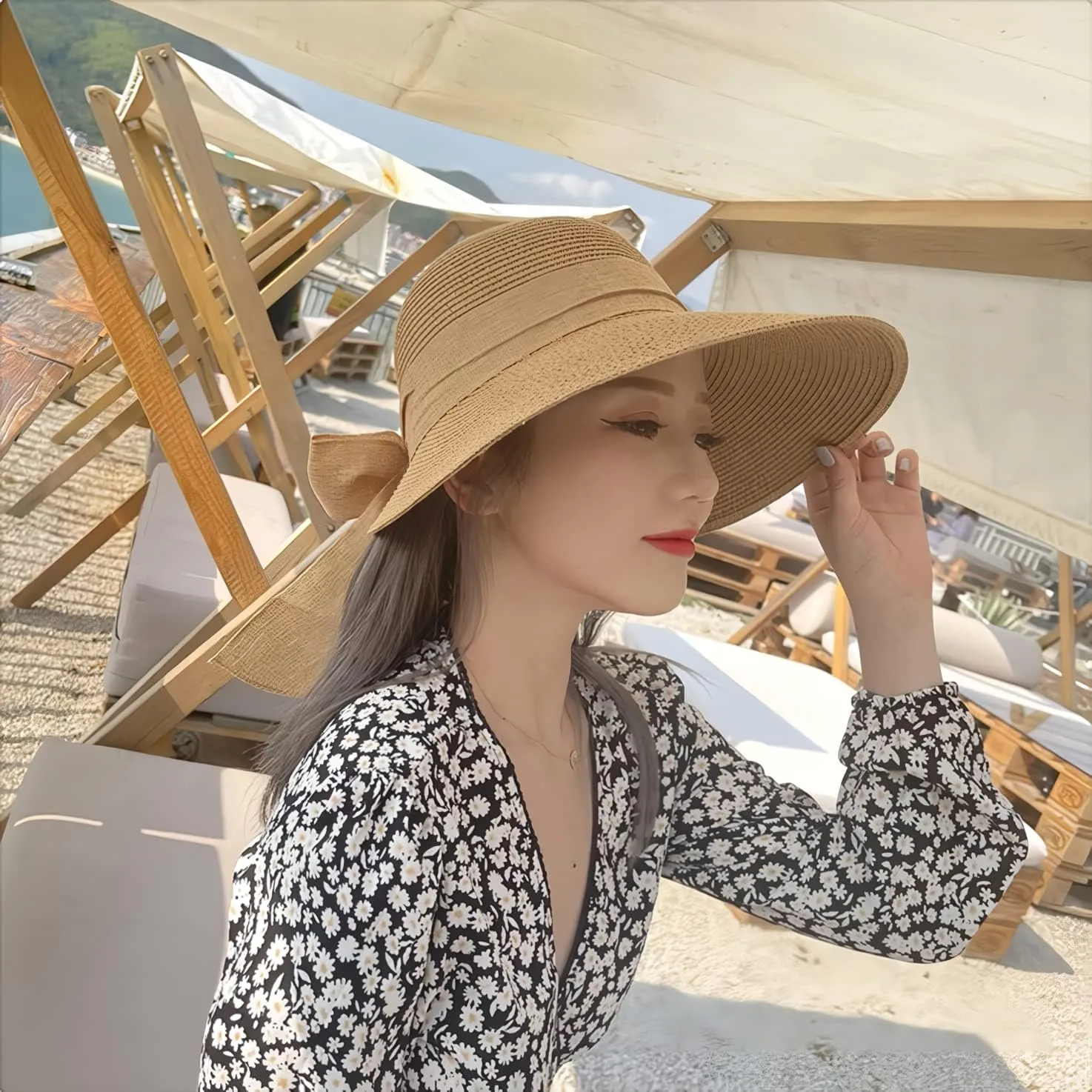 Womens Straw Sun Hat Wide Brim UV Protection Bucket Hat Foldable Packable Bowknot Visor Sun Cap Summer Outdoor Beach Cap