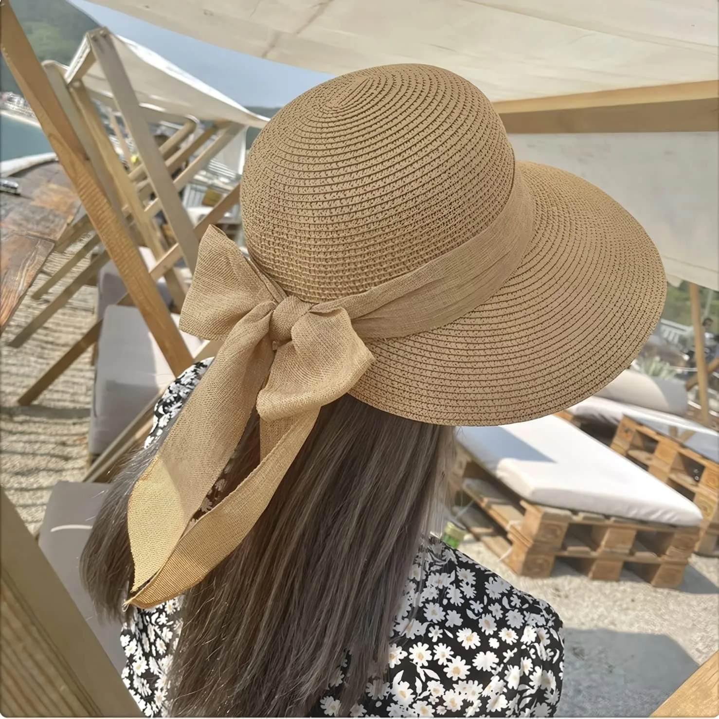 Womens Straw Sun Hat Wide Brim UV Protection Bucket Hat Foldable Packable Bowknot Visor Sun Cap Summer Outdoor Beach Cap