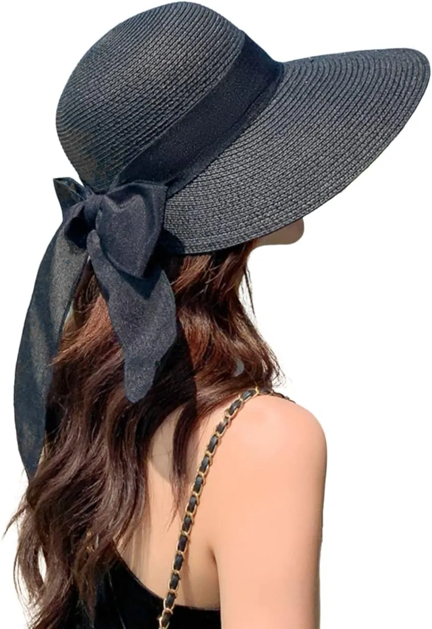 Womens Straw Sun Hat Wide Brim UV Protection Bucket Hat Foldable Packable Bowknot Visor Sun Cap Summer Outdoor Beach Cap