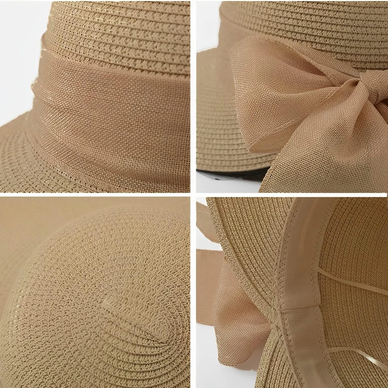 Womens Straw Sun Hat Wide Brim UV Protection Bucket Hat Foldable Packable Bowknot Visor Sun Cap Summer Outdoor Beach Cap
