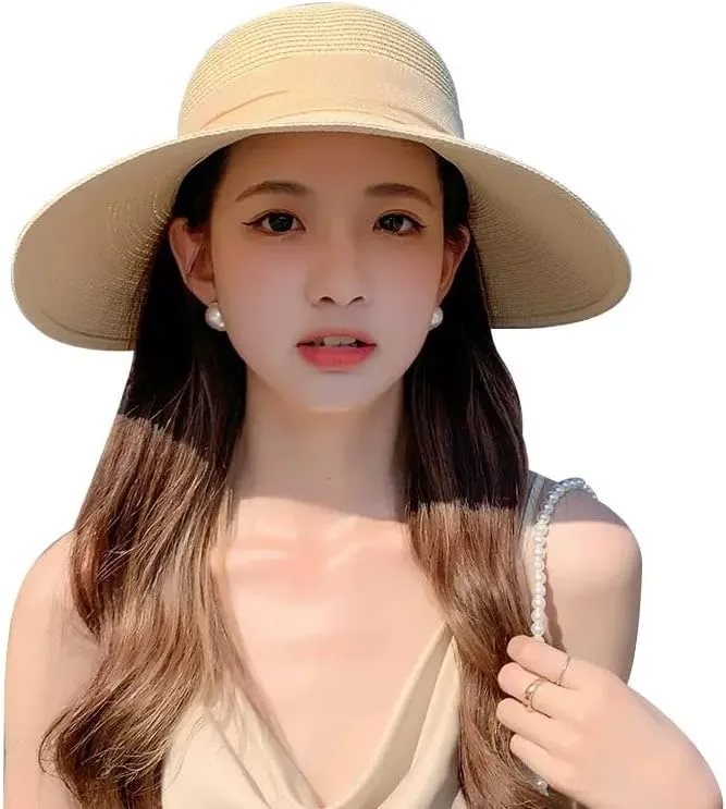 Womens Straw Sun Hat Wide Brim UV Protection Bucket Hat Foldable Packable Bowknot Visor Sun Cap Summer Outdoor Beach Cap