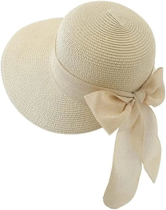 Womens Straw Sun Hat Wide Brim UV Protection Bucket Hat Foldable Packable Bowknot Visor Sun Cap Summer Outdoor Beach Cap