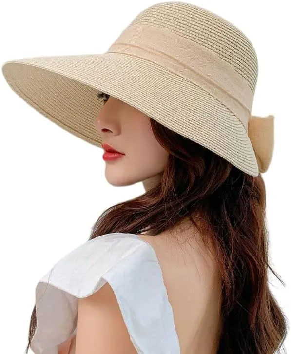 Womens Straw Sun Hat Wide Brim UV Protection Bucket Hat Foldable Packable Bowknot Visor Sun Cap Summer Outdoor Beach Cap