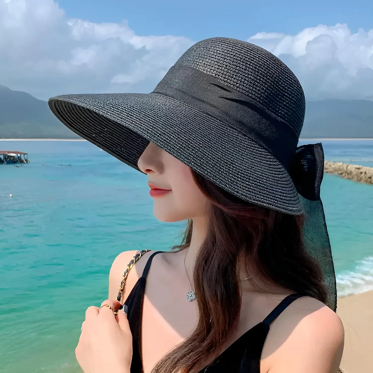 Womens Straw Sun Hat Wide Brim UV Protection Bucket Hat Foldable Packable Bowknot Visor Sun Cap Summer Outdoor Beach Cap