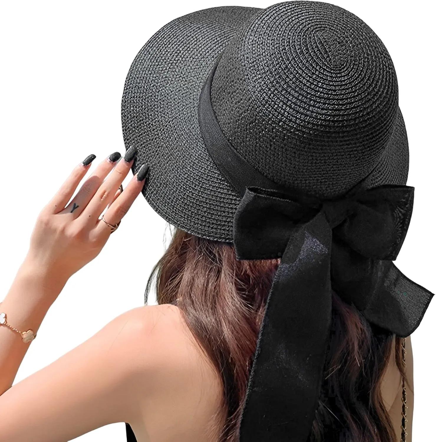 Womens Straw Sun Hat Wide Brim UV Protection Bucket Hat Foldable Packable Bowknot Visor Sun Cap Summer Outdoor Beach Cap