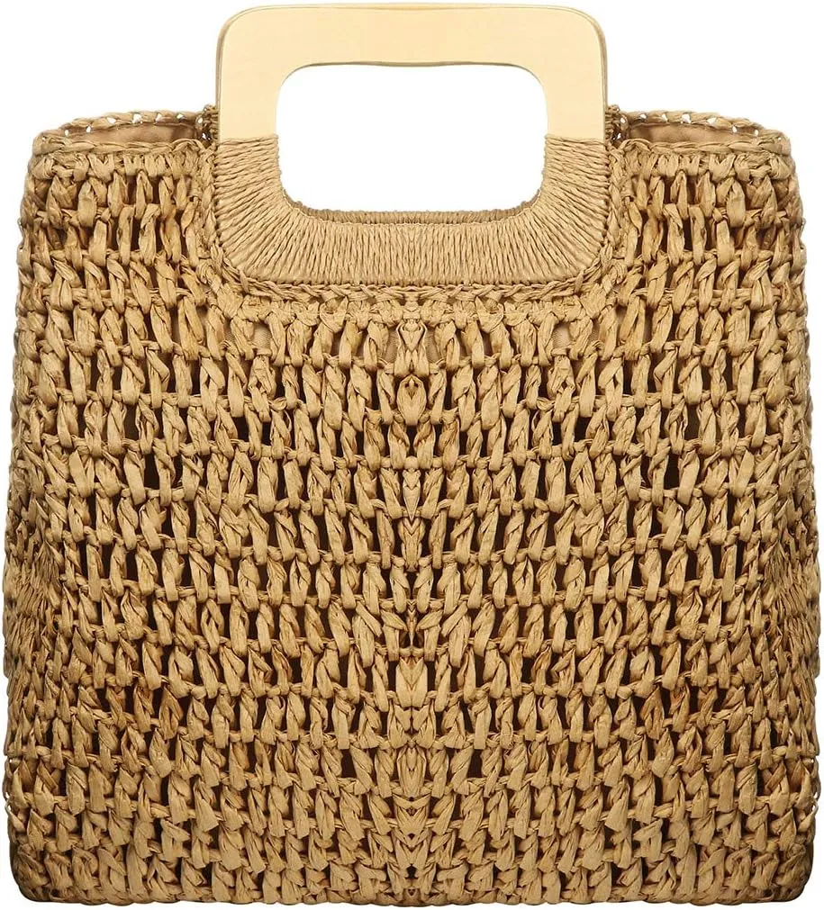 Women's Straw Tote Bag Handbags Beach Bag Exquisite Woven Fashion Large Rectangle Top Handle Bag Shopper Bag (Khaki)