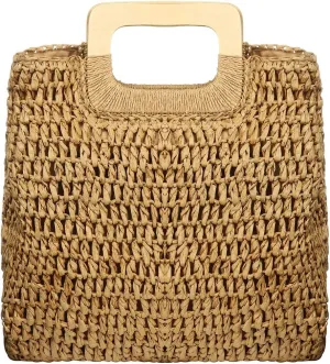 Women's Straw Tote Bag Handbags Beach Bag Exquisite Woven Fashion Large Rectangle Top Handle Bag Shopper Bag (Khaki)