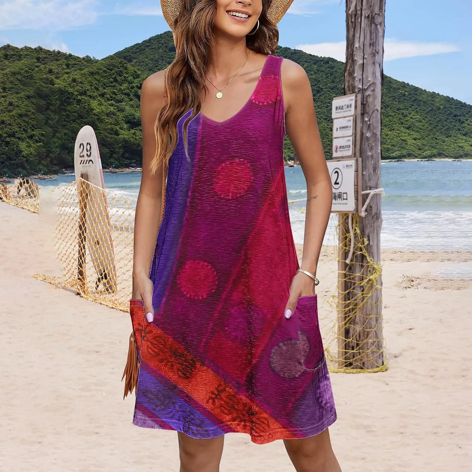 Womens Summer Dresses 2025 Trendy Printed Sleeveless Vacation Midi Dresses Casual Boho Beach Dress with Pockets