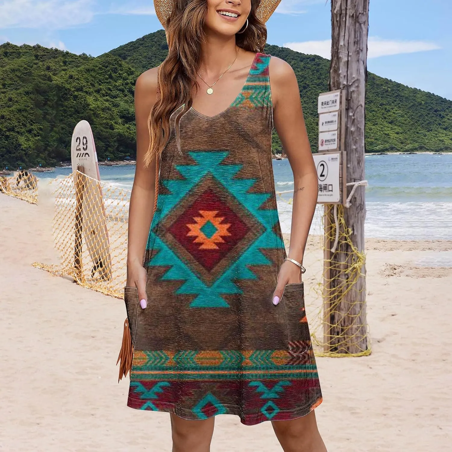 Womens Summer Dresses 2025 Trendy Printed Sleeveless Vacation Midi Dresses Casual Boho Beach Dress with Pockets