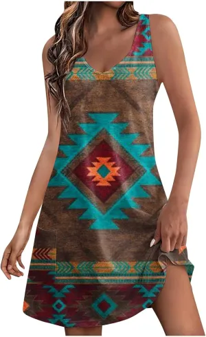 Womens Summer Dresses 2025 Trendy Printed Sleeveless Vacation Midi Dresses Casual Boho Beach Dress with Pockets