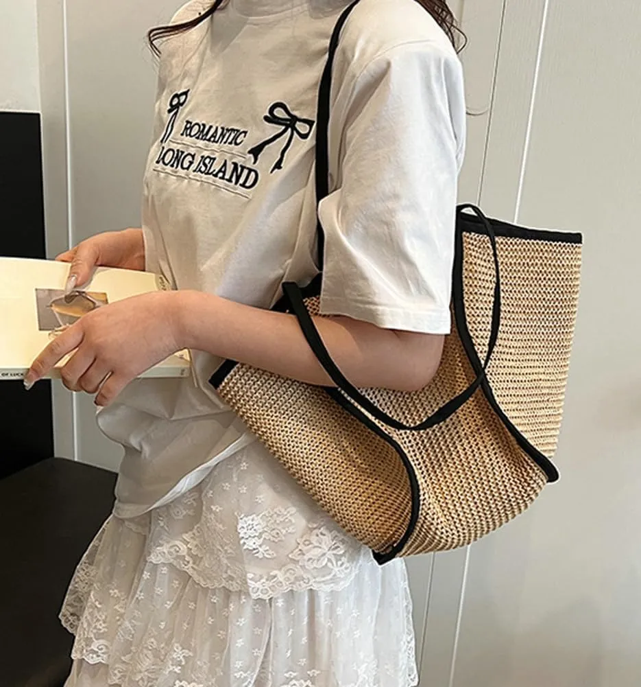Womens Summer Straw Shoulder Bag Casual Purse Large Handbag Rattan Woven Beach Tote Bag Top Handle Satchel