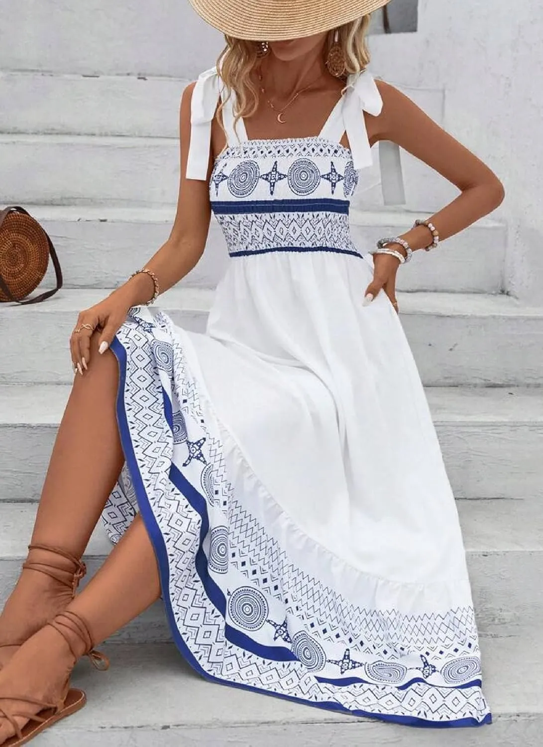 Women's Summer Wrap Maxi Dress Casual Boho Straps Sleeveless Elastic Waist Dress Printed Beach Vacation Long Dresses