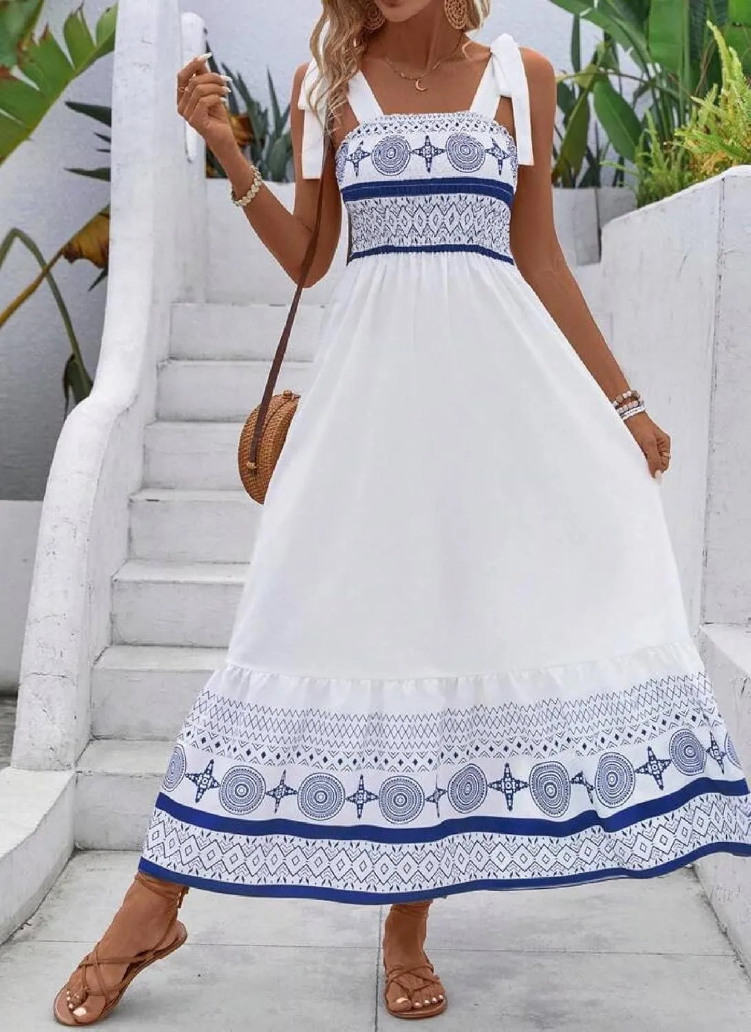 Women's Summer Wrap Maxi Dress Casual Boho Straps Sleeveless Elastic Waist Dress Printed Beach Vacation Long Dresses