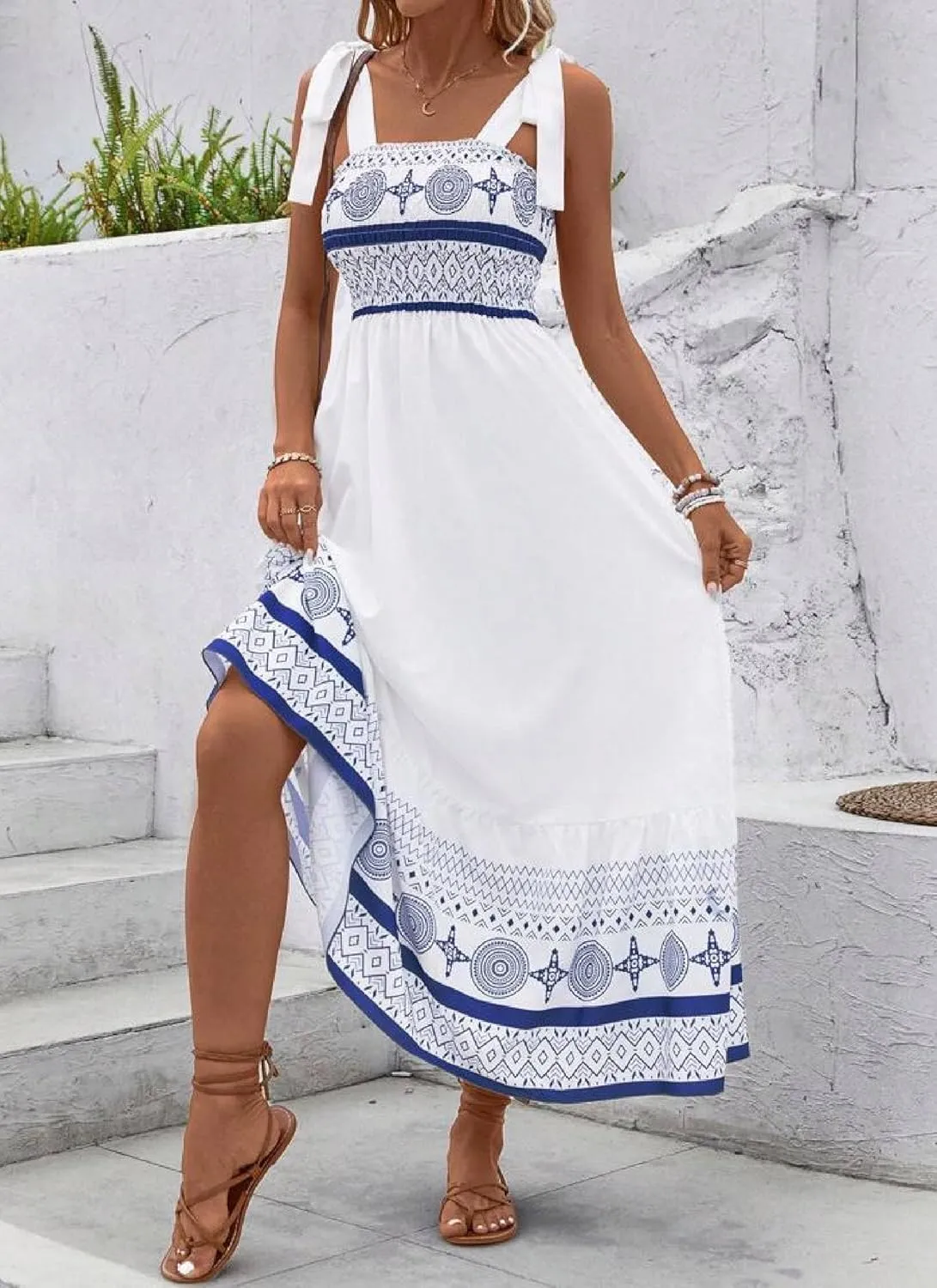 Women's Summer Wrap Maxi Dress Casual Boho Straps Sleeveless Elastic Waist Dress Printed Beach Vacation Long Dresses