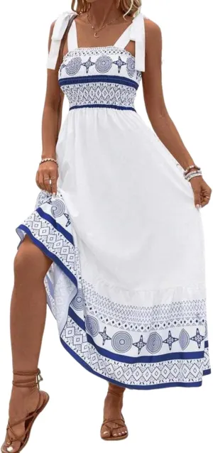 Women's Summer Wrap Maxi Dress Casual Boho Straps Sleeveless Elastic Waist Dress Printed Beach Vacation Long Dresses