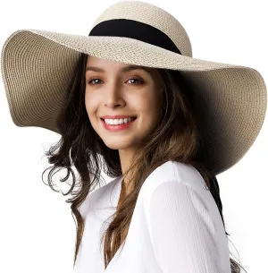 Womens Sun Straw Hat Wide Brim UPF 50 Summer Hat Foldable Roll Up Floppy Beach Hats for Women