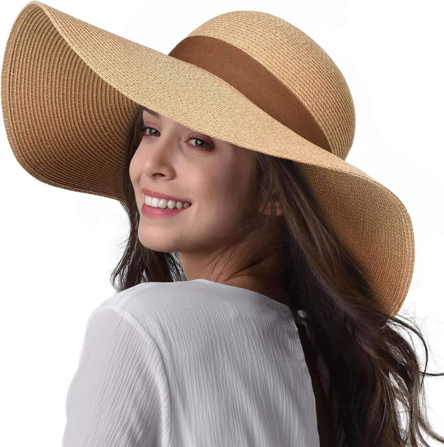 Womens Sun Straw Hat Wide Brim UPF 50 Summer Hat Foldable Roll Up Floppy Beach Hats for Women
