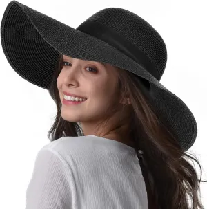 Womens Sun Straw Hat Wide Brim UPF 50 Summer Hat Foldable Roll Up Floppy Beach Hats for Women