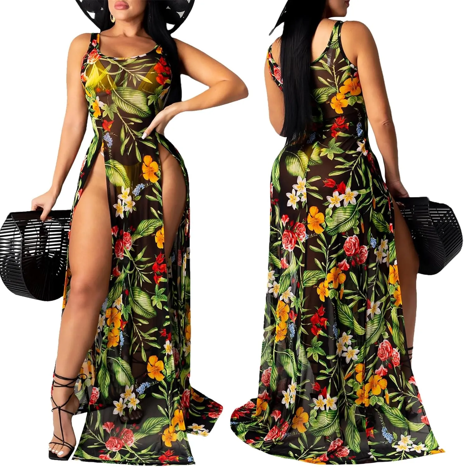 Women's Swimsuit Beach Bikini Cover up Sheer Mesh Dress Sexy See Through Mesh Tops Beachwear