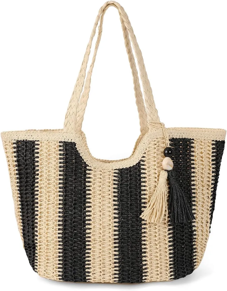 Women's Tassel Straw Beach Tote Bag - Large Summer Woven Zipper Bags with Pom