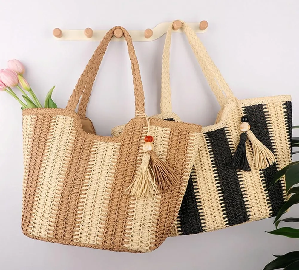 Women's Tassel Straw Beach Tote Bag - Large Summer Woven Zipper Bags with Pom