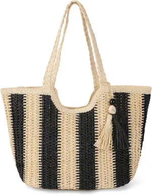 Women's Tassel Straw Beach Tote Bag - Large Summer Woven Zipper Bags with Pom