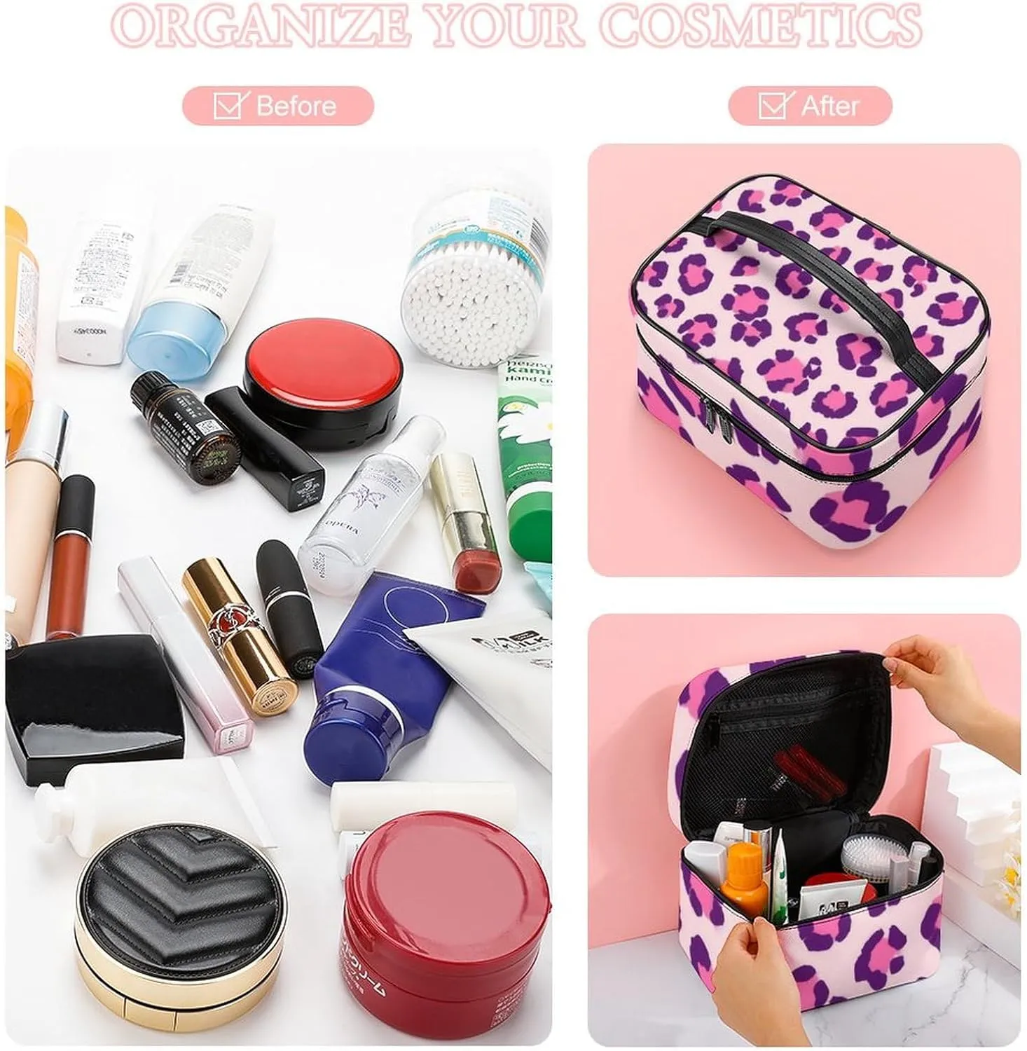 Womens Travel Makeup Bag, Waterproof Cosmetic Organizer Case Cheetah Leopard Print Floral Pink Toiletry Storage Bag with Zipper Mesh Pouch