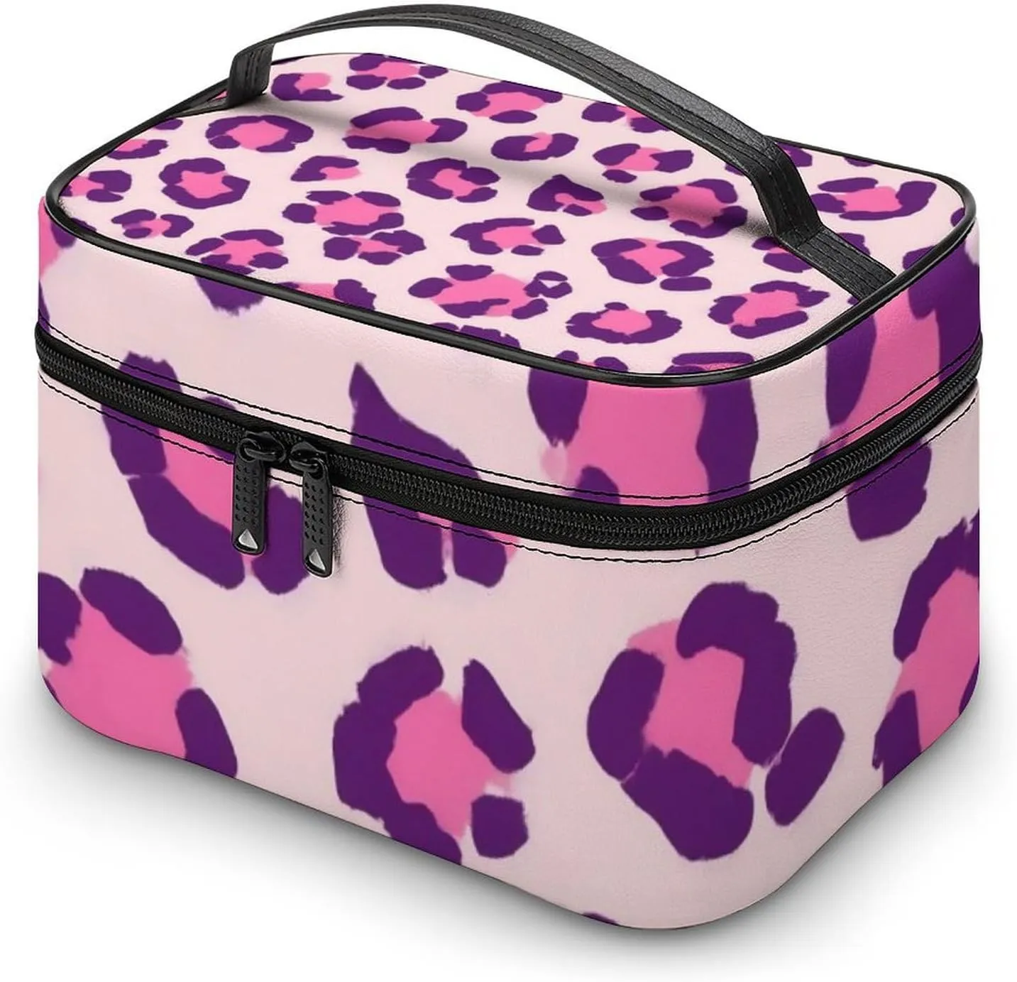 Womens Travel Makeup Bag, Waterproof Cosmetic Organizer Case Cheetah Leopard Print Floral Pink Toiletry Storage Bag with Zipper Mesh Pouch