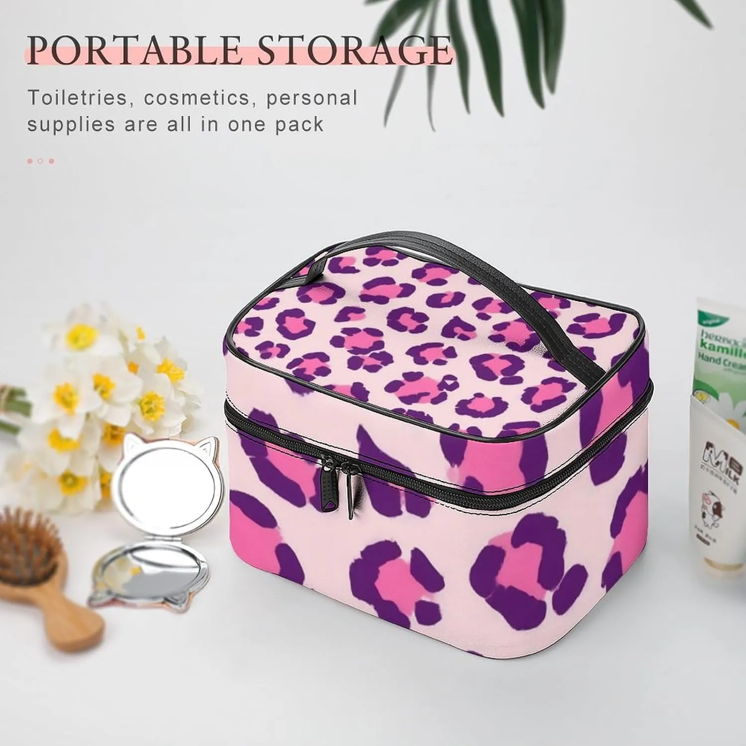 Womens Travel Makeup Bag, Waterproof Cosmetic Organizer Case Cheetah Leopard Print Floral Pink Toiletry Storage Bag with Zipper Mesh Pouch
