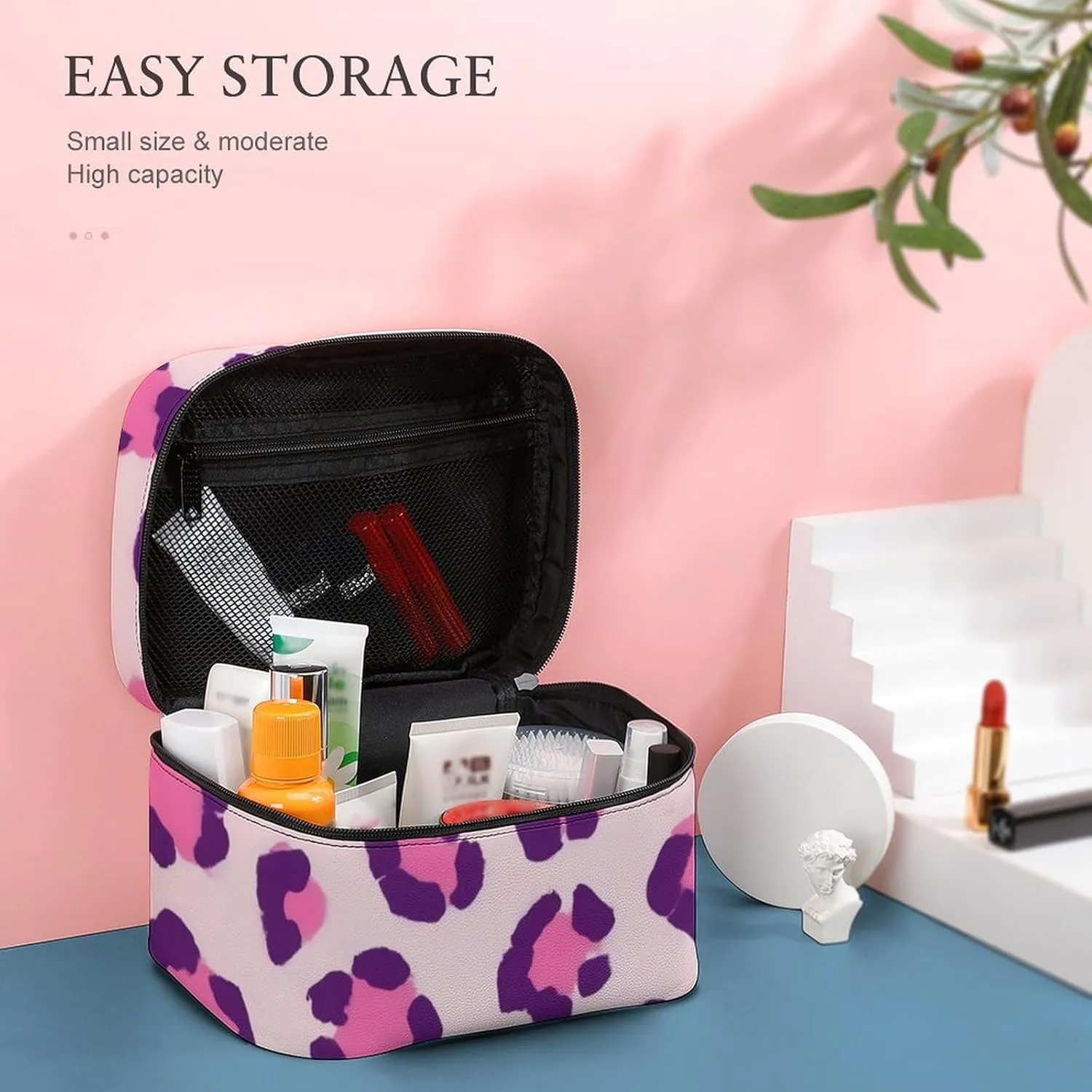 Womens Travel Makeup Bag, Waterproof Cosmetic Organizer Case Cheetah Leopard Print Floral Pink Toiletry Storage Bag with Zipper Mesh Pouch