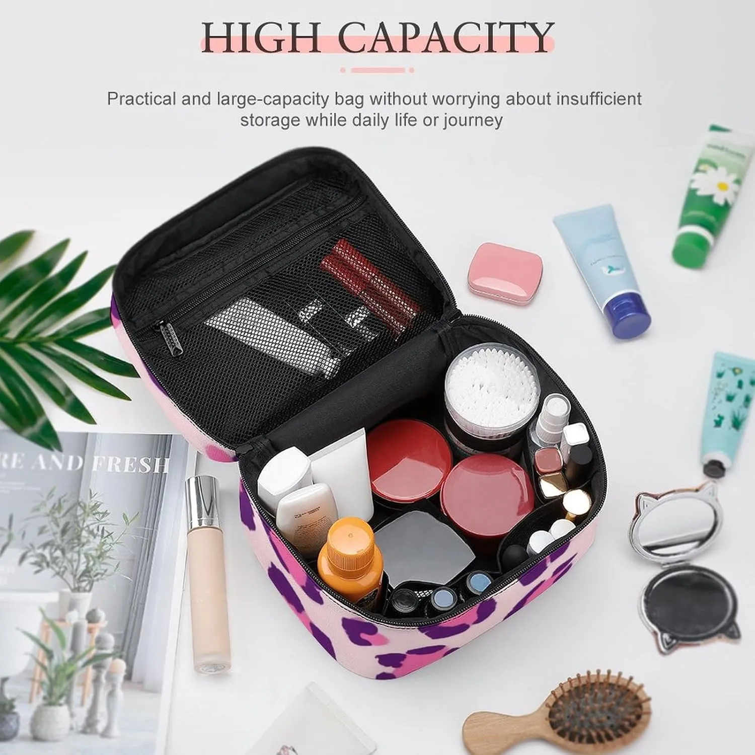 Womens Travel Makeup Bag, Waterproof Cosmetic Organizer Case Cheetah Leopard Print Floral Pink Toiletry Storage Bag with Zipper Mesh Pouch
