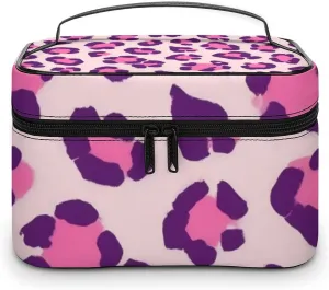 Womens Travel Makeup Bag, Waterproof Cosmetic Organizer Case Cheetah Leopard Print Floral Pink Toiletry Storage Bag with Zipper Mesh Pouch