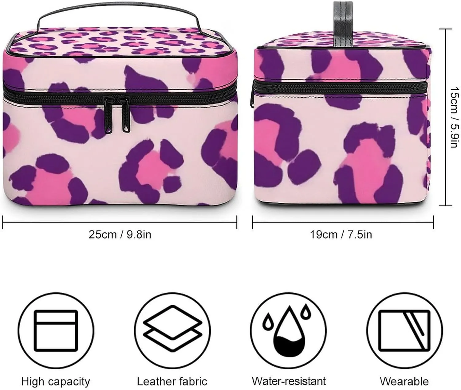 Womens Travel Makeup Bag, Waterproof Cosmetic Organizer Case Cheetah Leopard Print Floral Pink Toiletry Storage Bag with Zipper Mesh Pouch