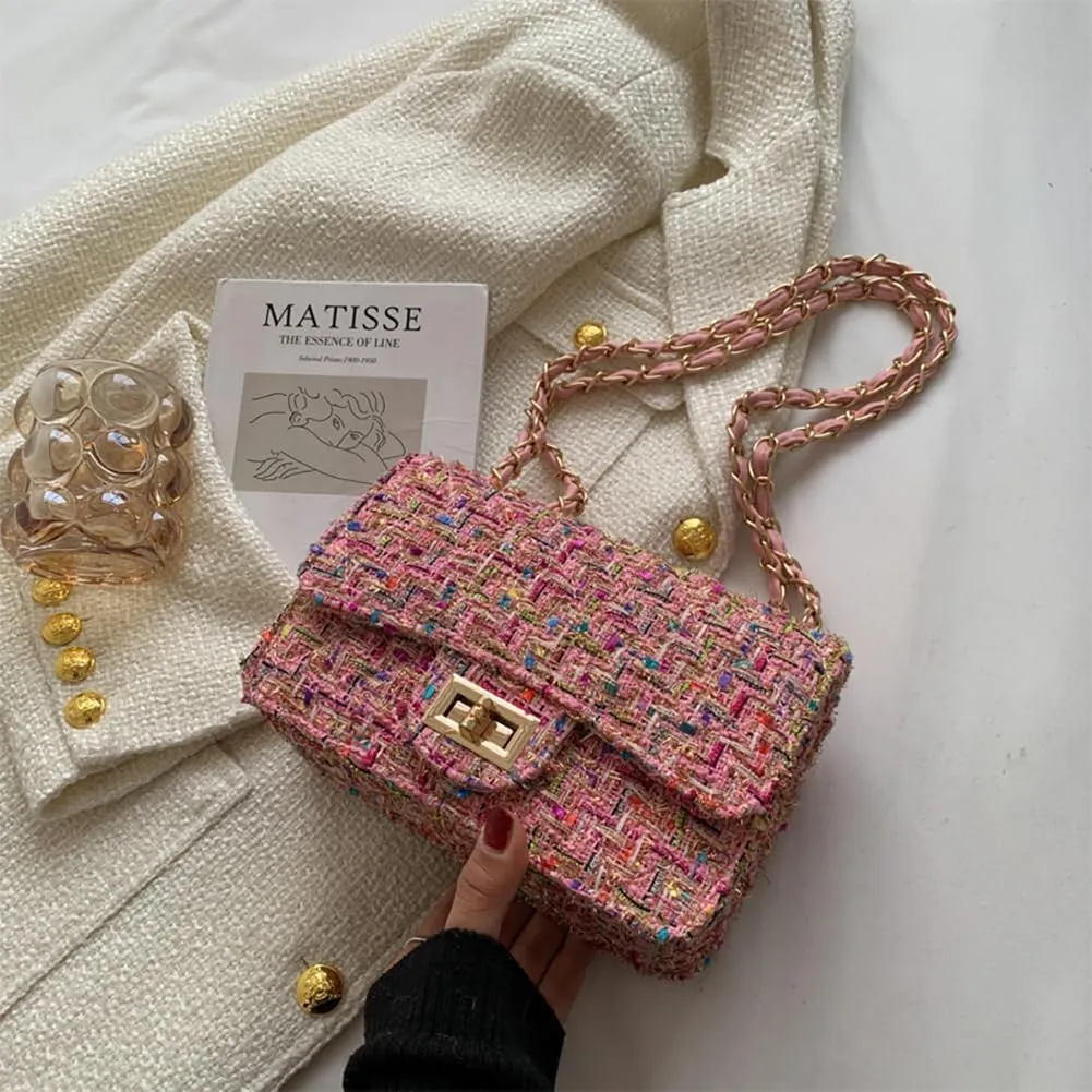 Women's Tweed Plaid Square Bag, Large Capacity Quilted Woven Embroidered Shoulder Bag, Ladies Woolen Handbag Clutch Tote