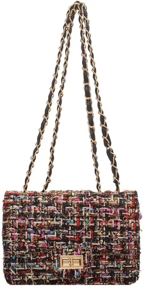 Women's Tweed Plaid Square Bag, Large Capacity Quilted Woven Embroidered Shoulder Bag, Ladies Woolen Handbag Clutch Tote