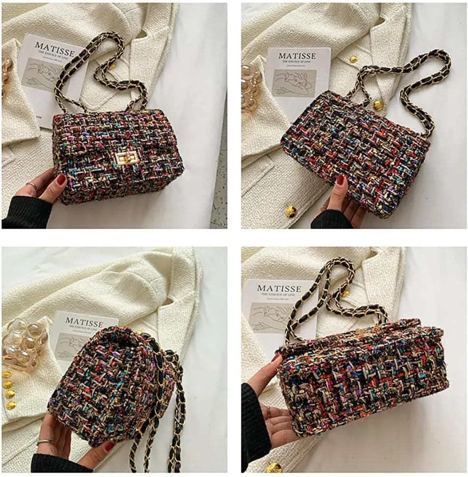 Women's Tweed Plaid Square Bag, Large Capacity Quilted Woven Embroidered Shoulder Bag, Ladies Woolen Handbag Clutch Tote